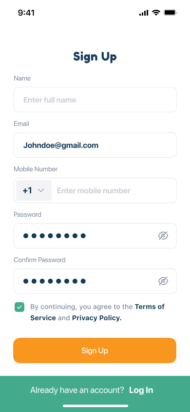 signup screen