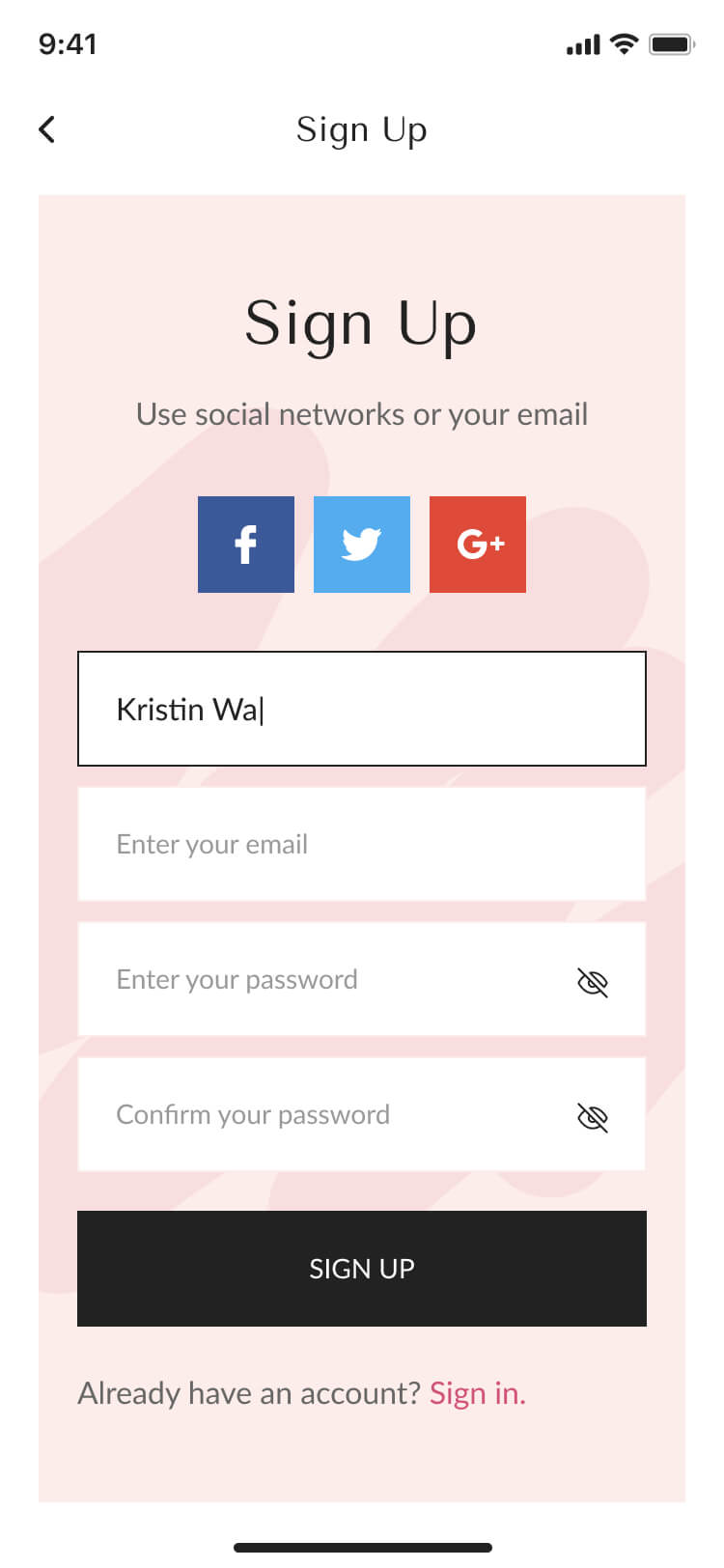 signup app screen